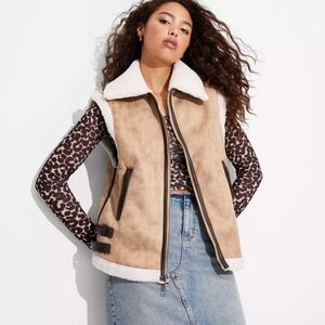 Wild Fable Faux Suede Shearling Aviator‎ Vest Tan Brown Buckle Detail Womens XL